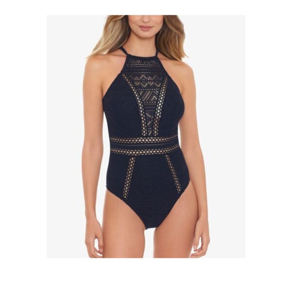 Salt + Cove Juniors Crochet Overlay One Piece Swimsuit Black Size S High Neck - Picture 1 of 6